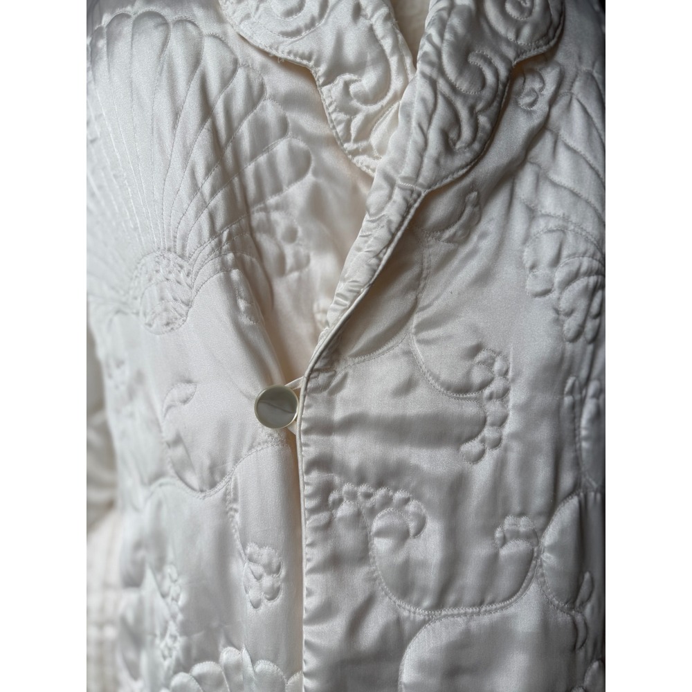 Vintage 90s Quilted Shell Trapunto Long Robe Cream Satin Dressing Gown L - Picture 5 of 14